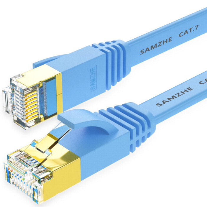 山泽(SAMZHE)七类CAT7类扁平万兆网线 电脑网络1米成品跳线 纯铜工程镀金屏蔽双绞网线 蓝色CAT-701B
